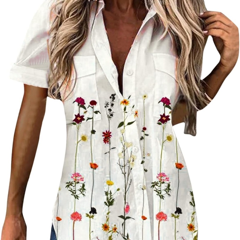 White Button Down Shirt with Floral Design Polo Collar and Tie Front - Picture 2 of 3